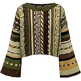 SHENHE Women's Bell Sleeve Crew Neck Tribal Striped Sweater Hippie 70s Vintage Cropped Sweater