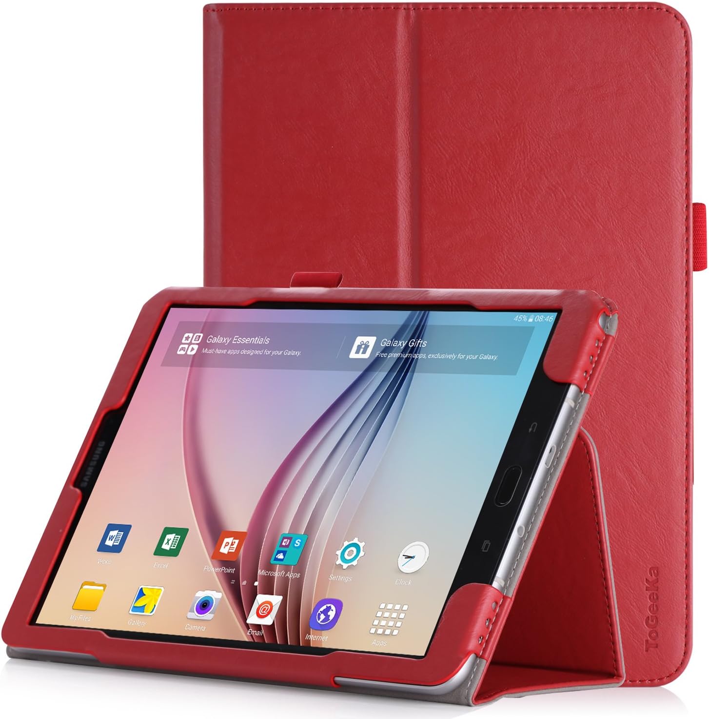 Samsung Galaxy Tab S3 9.7 Case, ToGeeKa PU Leather Stand Cover Case Holder with Hand Strap and Card Slot for Galaxy Tab S3 9.7 inch SM-T820 T825 with auto Sleep/Wake Function, Red