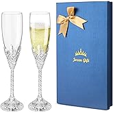Jozen Gift Champagne Flutes - Set of 2 Champagne Glasses,Toasting Flute Pair,Crystal Glasses&Metal Base, Wedding Anniversary, Party Birthday Banquets,Gifts for Bride and Groom 6 oz-Silver
