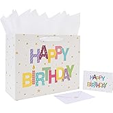 Qirrmiy 13'' Large Happy Birthday Gift Bag Set with Handles, Greeting Card, White Tissue Papers and Stickers for Women Girls Kids Teens, Foil Letter Design, 1 Pcs