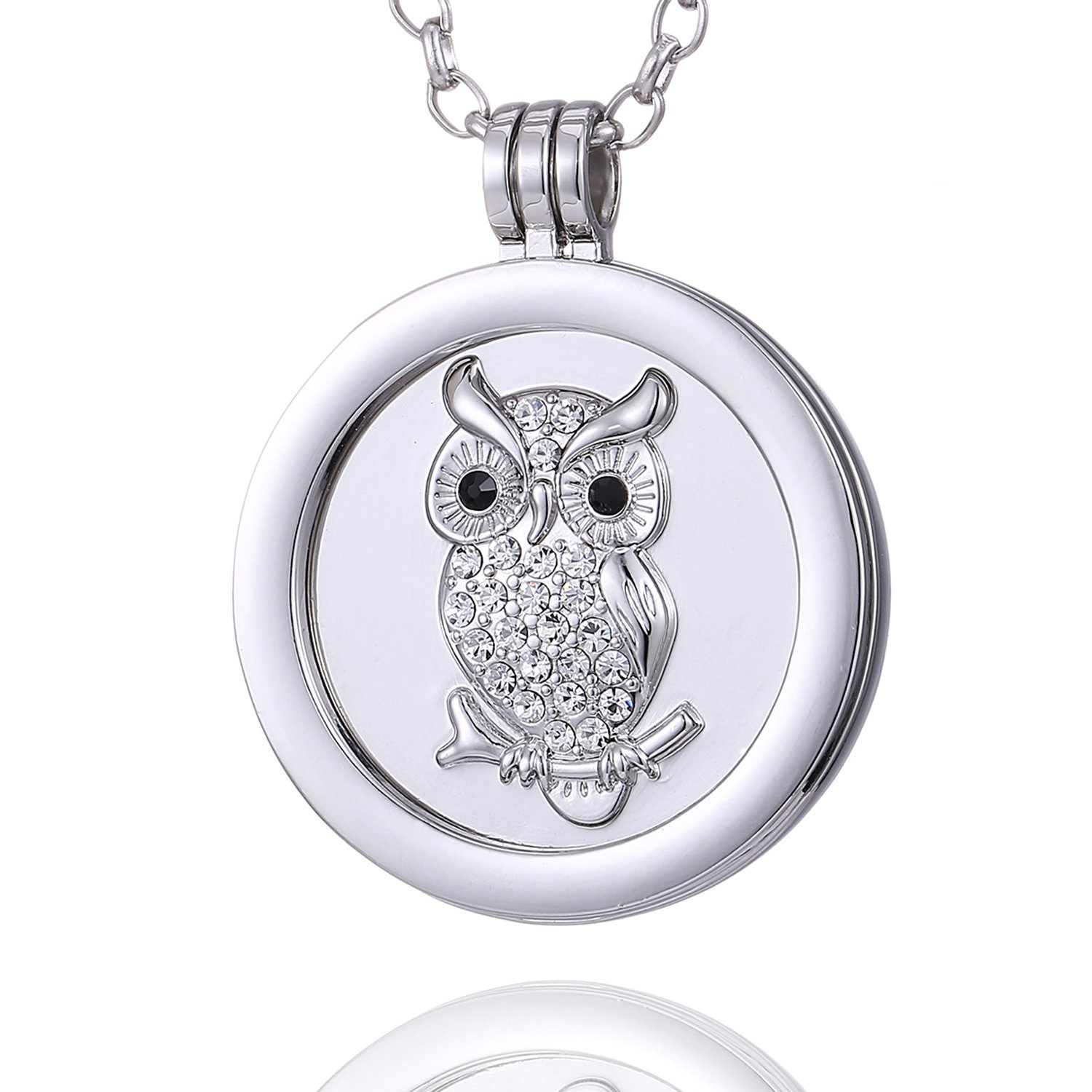 Morella Women Necklace 70 cm 27.5" Stainless Steel with Owl Zirconia Coin 33 mm 1,3" Silver in a Velvet Jewelry Bag