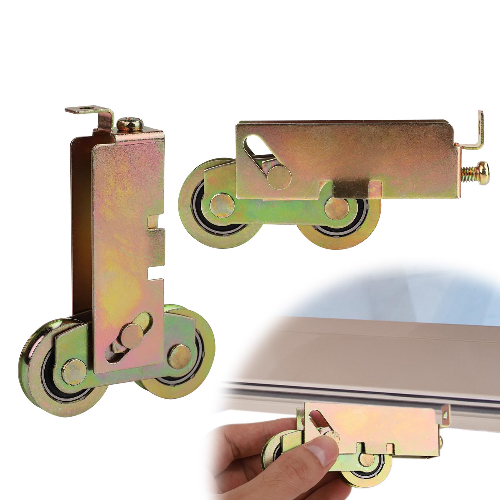 2pcs Sliding Patio Door Rollers, Sliding Door Wheels Replacement for Glass Doors Patio Door Rollers F-Tab Mount 1-1/4" Steel Ball Bearing Rear Adjustable, Yellow Zinc Plated