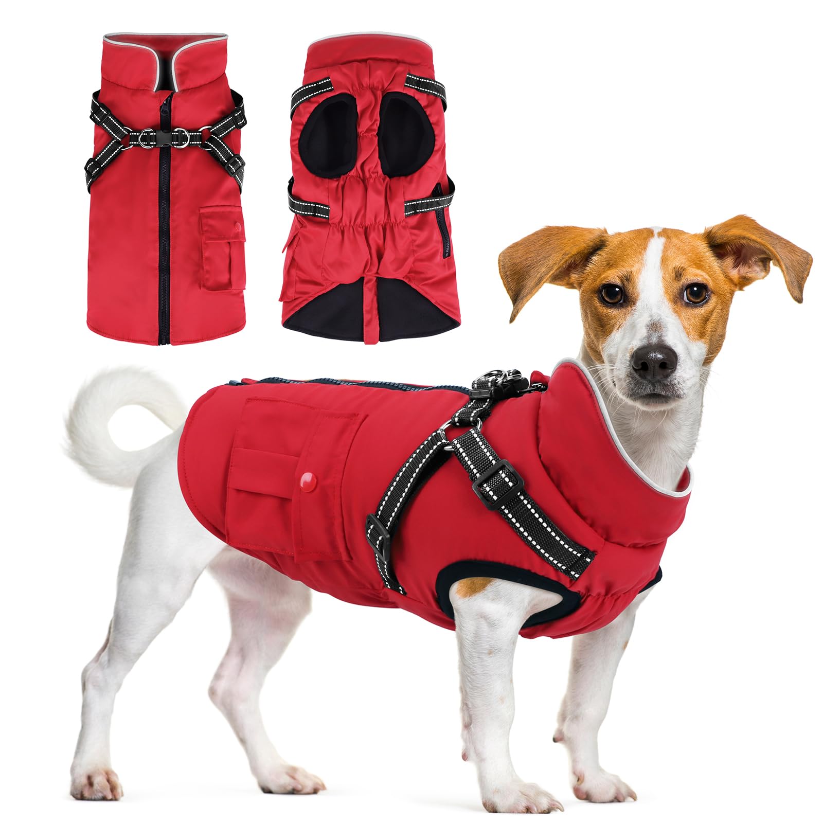 Photo 1 of Dog Winter Coat with Harness | Jacket Waterproof with Zipper and Fleece | Warm Dog Coat with Reflective for Medium Dogs?Red?