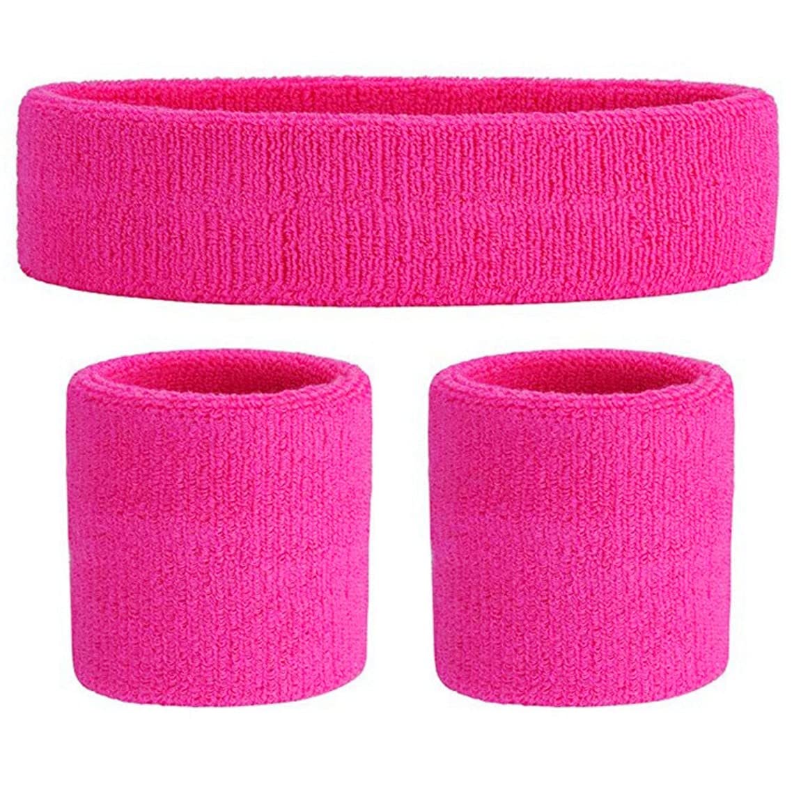 CCHAMP Hot pink headband sweatbands and wristbands set, 80's fancy dress for women neon clothing 80s accessories, 1980s costumes outfits for girls, 80s fun run teams cosplay