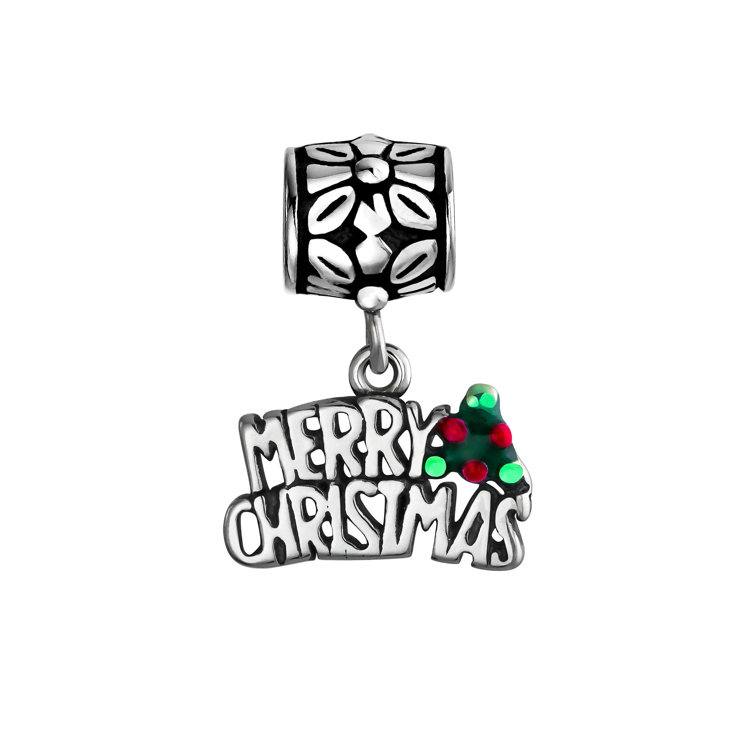 Bling Jewelry Holiday Green Mistletoe Holly Red Berry Saying Word Sign Merry Christmas Dangling Charm Bead For Women Teen Oxidized .925 Sterling Silver For European Bracelet