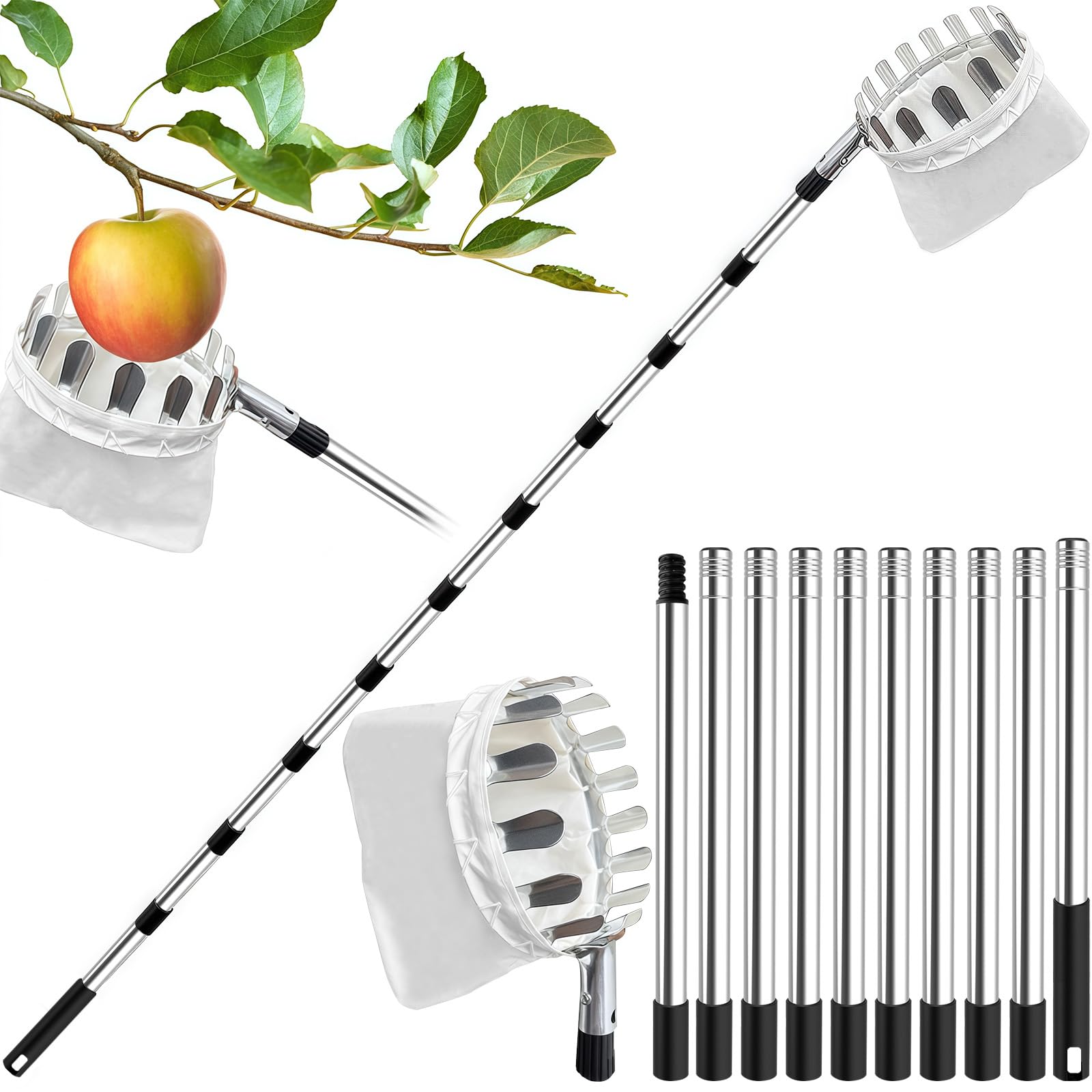 4.2M Apple Picker with Telescopic Handle, Fruit Picker, Fruit Picker Tool with Lightweight Stainless Steel Connecting Pole and Fabric Bag, Fruit Grabber Easy to Assemble, Tree Picker for Orange Etc