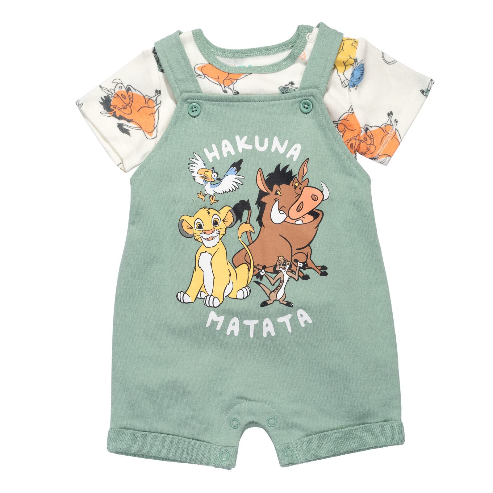 Disney Junior Baby French Terry Short Overalls, T-Shirt and Hat 3 Piece Outfit Set Newborn to Infant Sizes (OS - 24 Months)