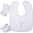 Hicarer 5 Pcs Baptism Gifts for Boys Girls Including White Embroidered Cross Bib Christening Shoes and Socks for Baby Infant