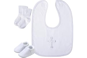 Hicarer 5 Pcs Baptism Gifts for Boys Girls Including White Embroidered Cross Bib Christening Shoes and Socks for Baby Infant