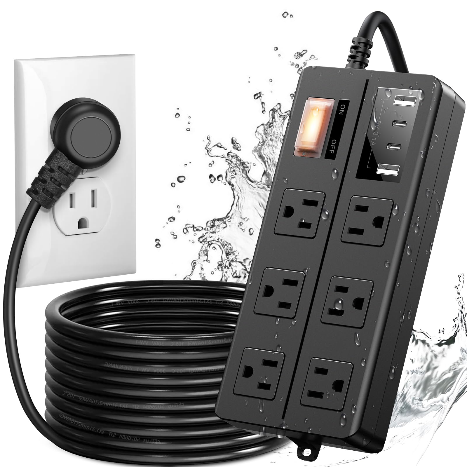 QIYUAN IPX6 Waterproof Outdoor Power Strip, Surge Protector with 6 Wide Outlets & 4 USB Ports(2A 2C), 15FT Extension Cord, Wall Mountable Weatherproof for Garden Patio Holiday Lights - UL Listed Black