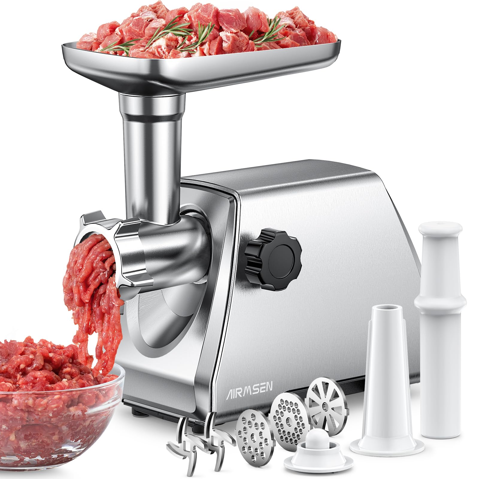 Photo 1 of AIRMSEN Electric Meat Grinder – Heavy Duty Professional Stainless Steel Sausage Maker & Stuffer with 3 Plates, 2 Stainless Blades & Kubbe Kit – Fast, Quiet, Easy to Clean for Home Kitchen Use