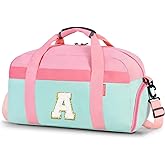 Initial Kids Duffle Bag for Boys or Girls, Kids Overnight Bag with Shoe Compartment, Personalized Weekender bags, Birthday Gifts for Women Boys Girls(Pink Green-Letter A)