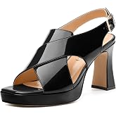 RLYGHWAO Women's Platform Sandals, Slingback Open Toe Buckle Heels for Women, Fashion Solid Patent High Heel Shoes 3.35 inch