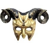 VZQI Krampus Mask for Adults, Ram Horn Half Face Halloween Costume, Gold | 13.2-inch-wide PU foam mask with curled ram horns, open eyes and an elastic strap for Krampus and devil costumes.