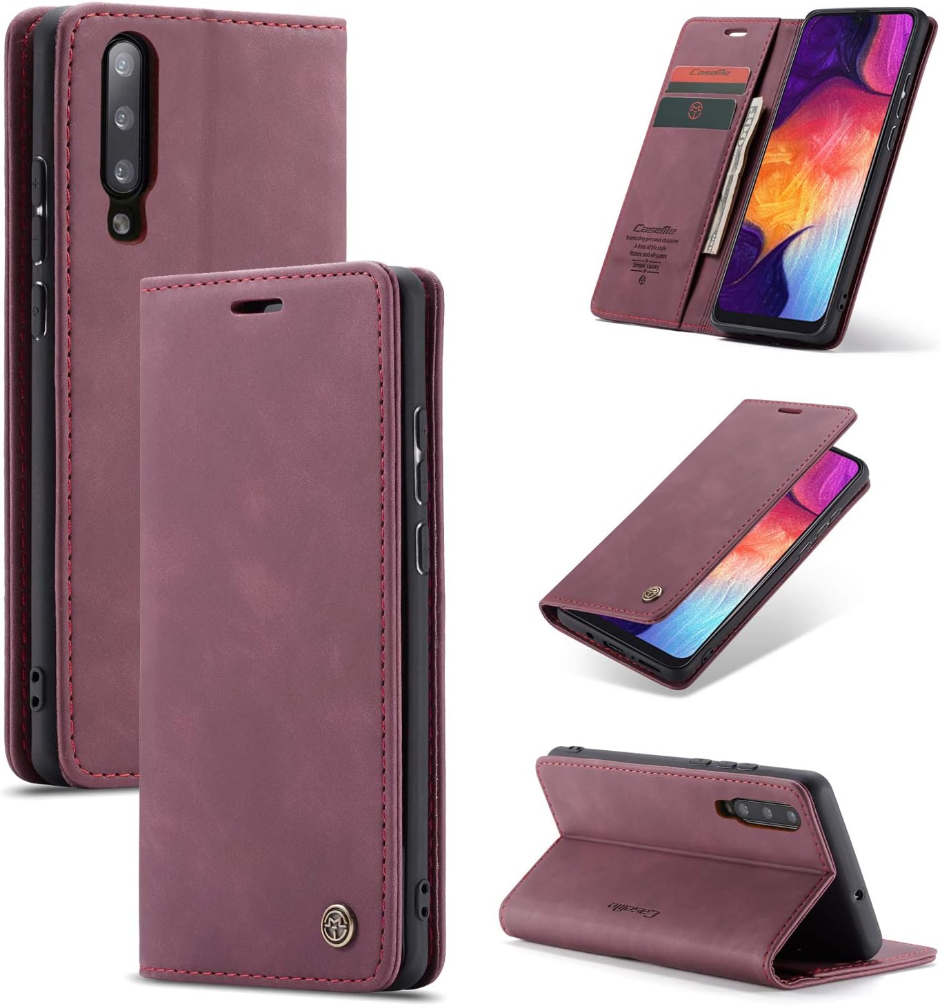 COPAAD Samsung Galaxy A50 / A50S / A30S Wallet Case, Vintage Style Matte Texture Soft Leather Magnetic Flip Protective Cover Case with Kickstand and Card Holder Slots for Galaxy A50/A50S/A30S, Red