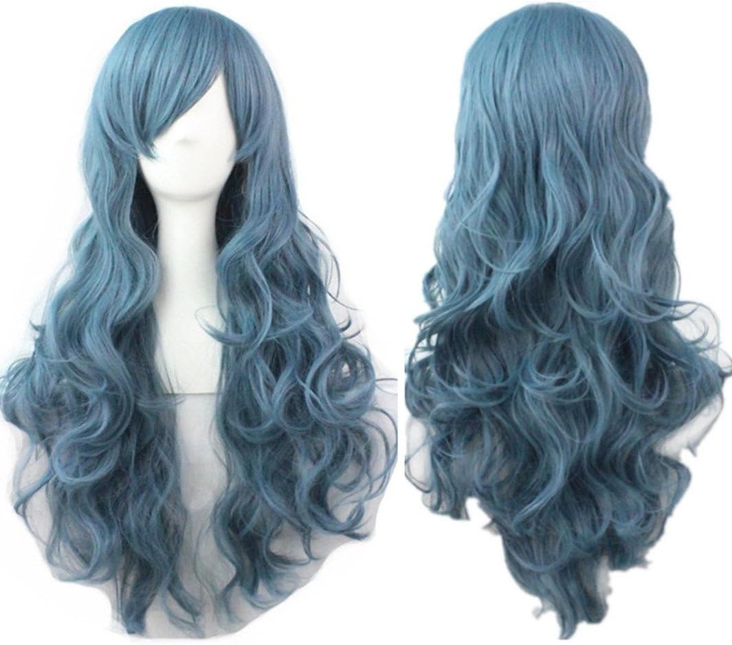 AneShe 28" Women's Long Spiral Curly Hair Wig Heat Resistant Cosplay Costume Wigs (Ash Blue)
