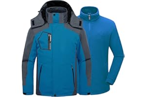 Kugnala Mens Winter Skiing Jacket 3 in 1 Waterproof Warm Snow Fleece Lining Coat Hooded Windproof Jacket S-6XL