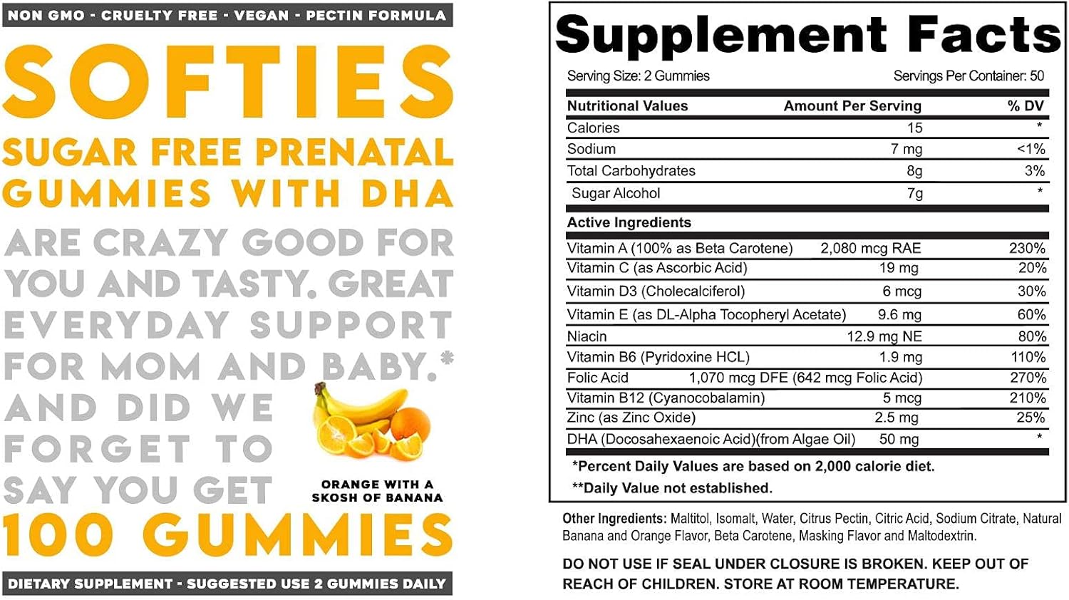 Softies Gummies Sugar Free Prenatal Vitamin with DHA - During, Before and Post Pregnancy - DHA, Zinc, Folic Acid, Niacin, Vitamin A, C, D3, E, B6, B12, 60 Gummies per Bottle, 2 Pack: Health & Personal Care