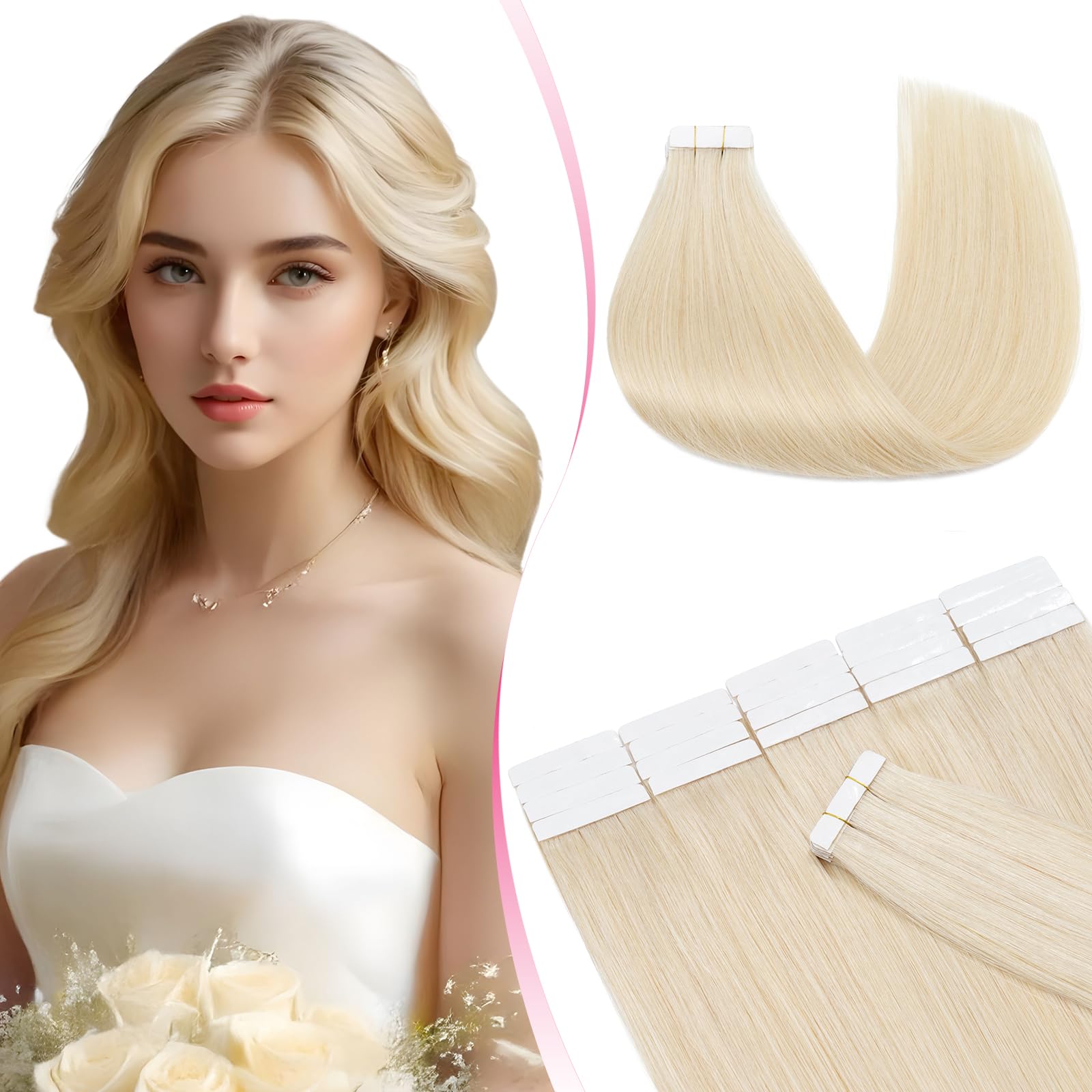 MY-LADY Seamless Invisible Tape Hair Extensions - 20pcs Remy Real Human Hair Straight #60 Platinum Blonde - 14 Inch 40g — image 1