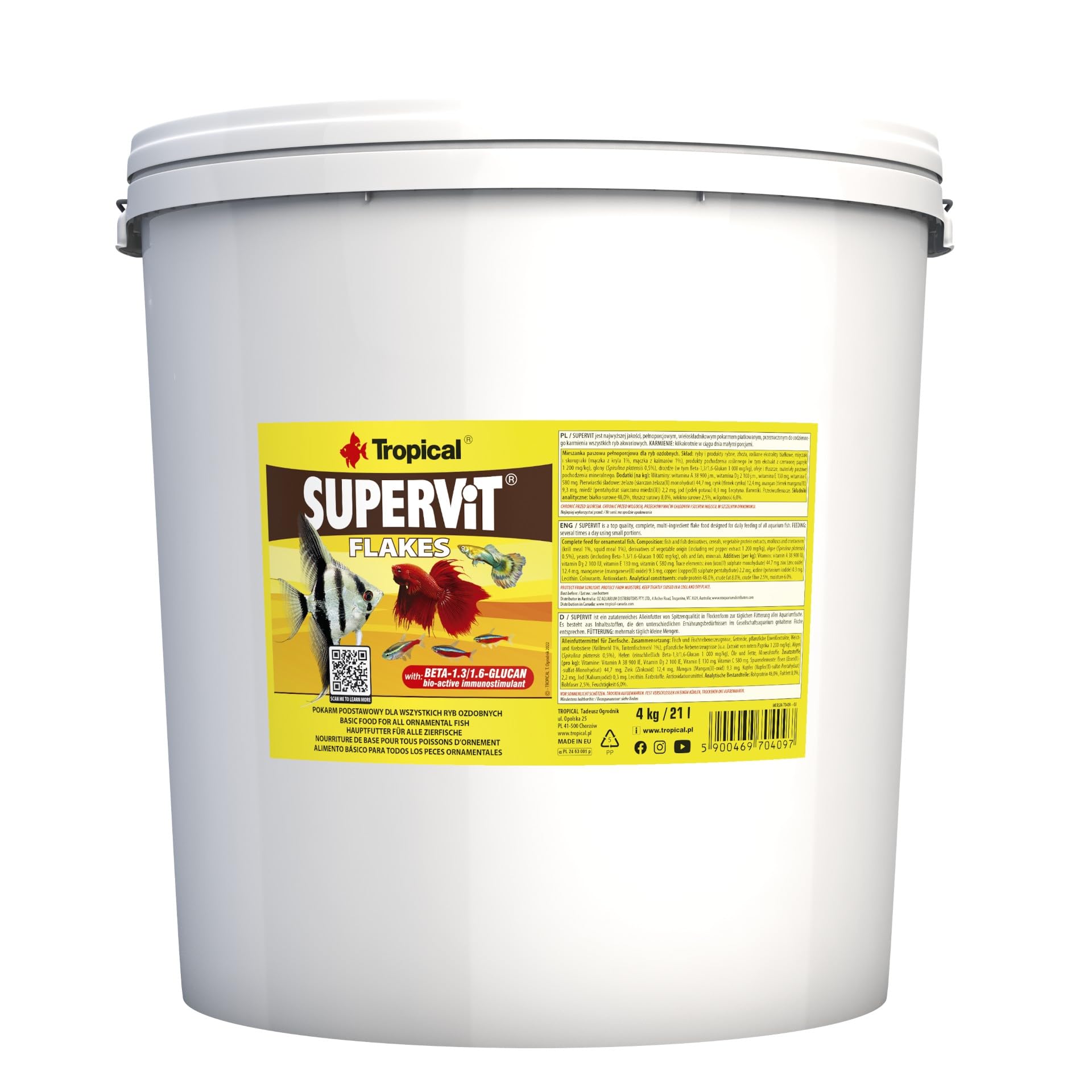 SUPERVIT 21L / 4kg - multi-ingredient flake food for omnivorous & carnivorous fish (immune support, growth & color enhancement)