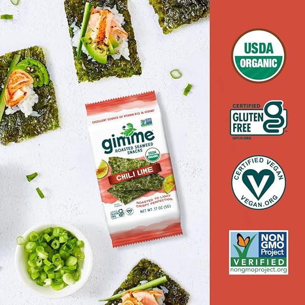 GIMME SEAWEED ORGANIC PREMIUM ROASTED SEAWEED SNACKS, CHILI LIME, 20 COUNT, KETO, VEGAN, GLUTEN-FREE, GREAT SOURCE OF OMEGA3S AND IODINE, HEALTHY ON-THE-GO SNACK FOR KIDS AND ADULTS