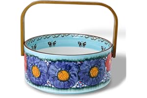 silesia Handmade Fruit Basket with Wooden Handle, 20 oz Hand-Painted Berry Bowl, Portable Handcrafted Serving Dish for Candy,