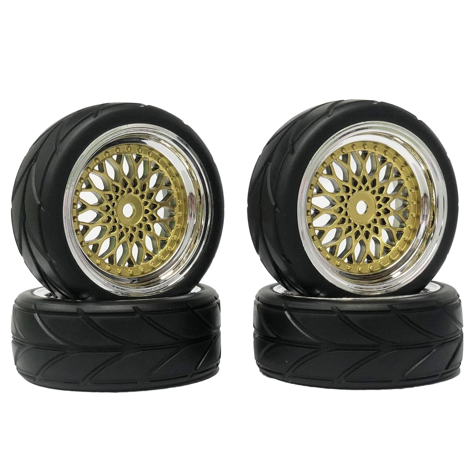 KINGCOO RC Car Tyres and Wheels Set, 4PCS 64mm Rubber Tires and Plastic Plating Wheel Rims Set 12mm Hex for 1/10 RC On Road Run-flating Touring Racing Drift Car Tyre (Gold/Silver)