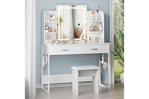 ivaniti Vanity Desk with Mirror and Lights, White Small Makeup Vanity Mirror with Desk and Chair, Makeup Table Set with 2 Drawers, Open Shelves, Power Strip for Girl Women, Bedroom