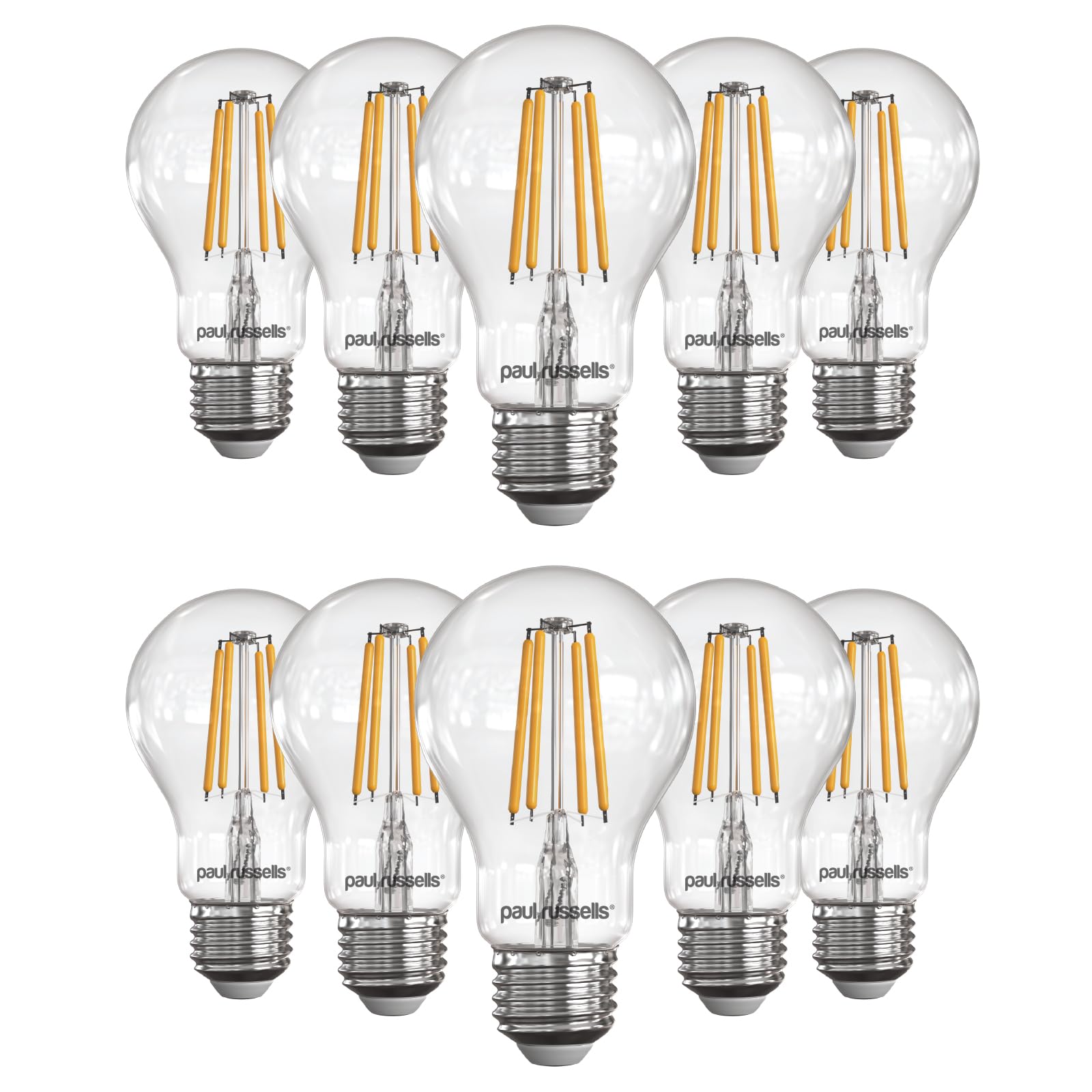 paul russells LED Filament GLS – Dimmable Edison Screw Fittings E27 Light Bulbs, 7Watt 806Lumens Classic A60 LED Bulbs, 60w Equivalent, 2700K Warm White Dimmer ES Energy Saving Lamps, 10 Pack