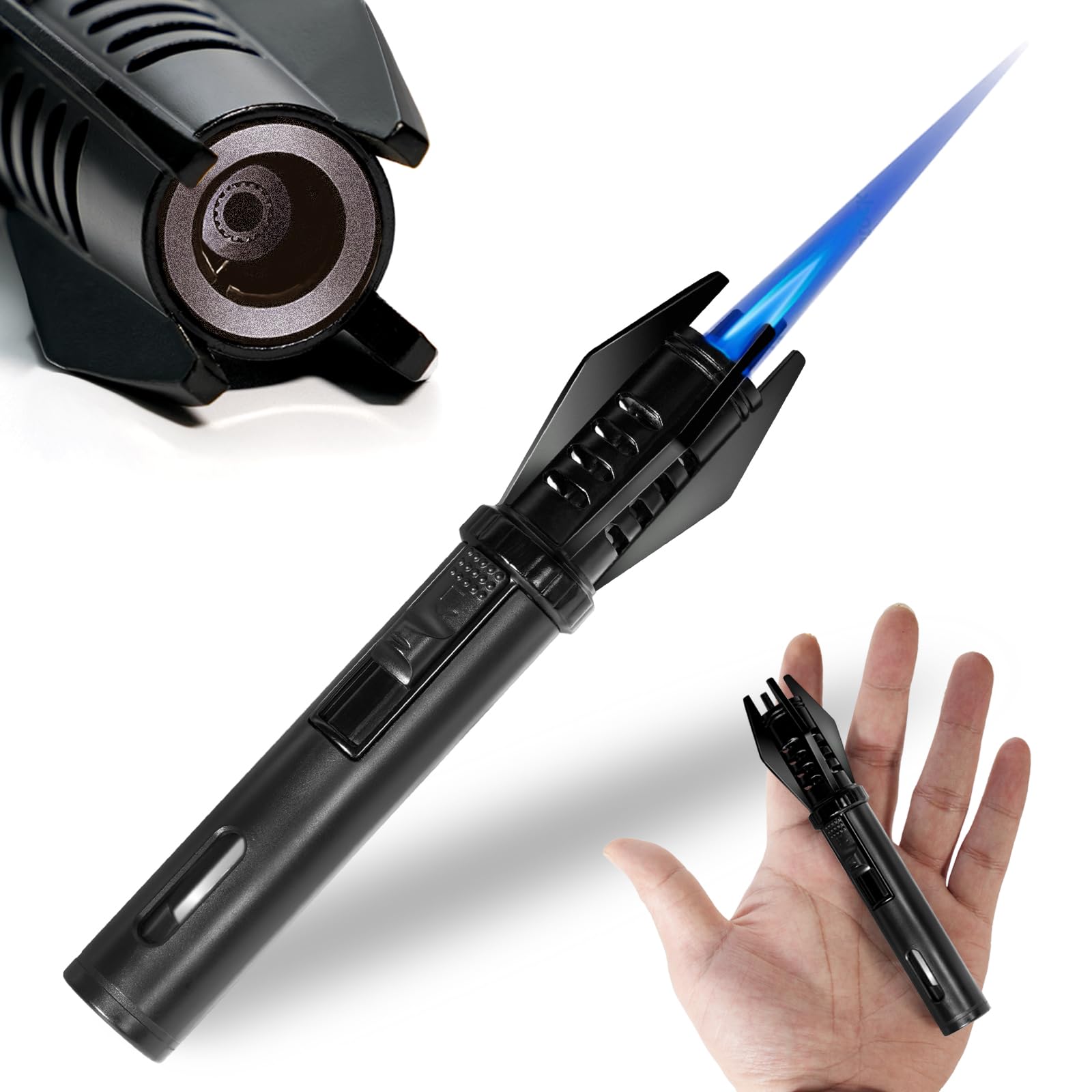 Photo 1 of Camping Mini Torch Lighter Small Refillable Butane Lighters Pocket Tactical EDC Windproof Jet Flame with Visual Window for Hiking Survival Kitchen Candle Fireplace Home Party BBQ, 5" (Without Fuel)