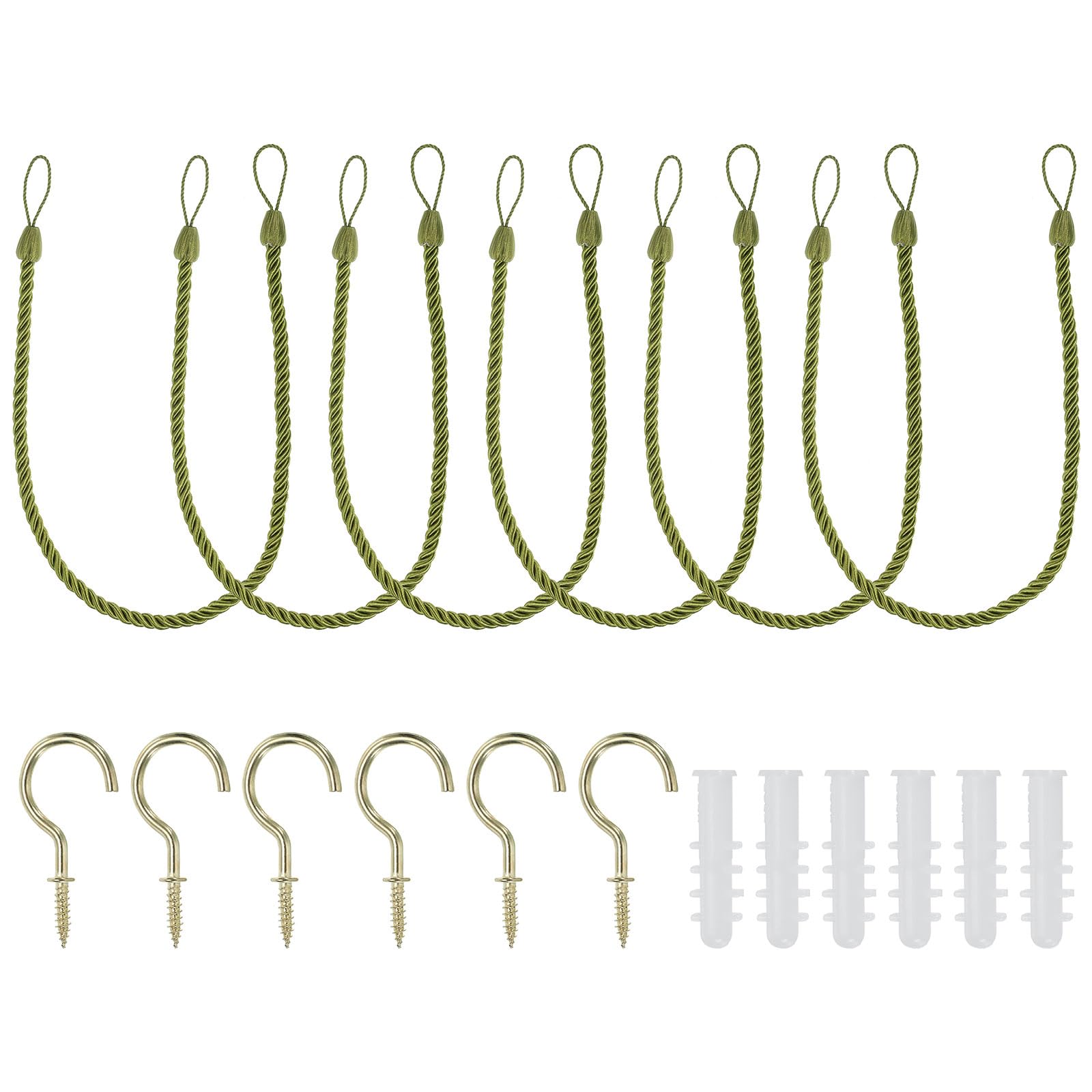 PATIKIL Curtain Tiebacks Ropes, 6 Pack Decorative Tie Backs Braided Curtain Holdback Cord for Home Office Decor, with Screw Hooks & Bolts, Dark Green
