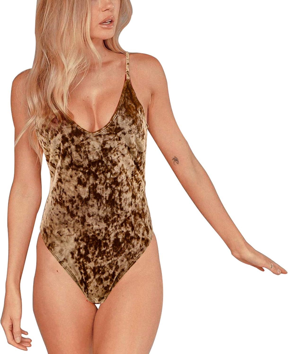 Pesfeel Women S One Piece Swimsuit Deep V Neck Velvet Bikini Padded Tummy Control Swimwear Monokini Bathing Suits Brown Large At Amazon Women S Clothing Store