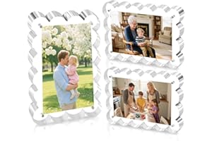 NEUREGY 3 Pack 4x6 Acrylic Scalloped Picture Frames - 10+10mm Extra Thicker Double Sided Magnetic Frame, Clear Freestanding Display for Tabletops, Modern Photo Frame Set for Home & Office Decor & Gifts