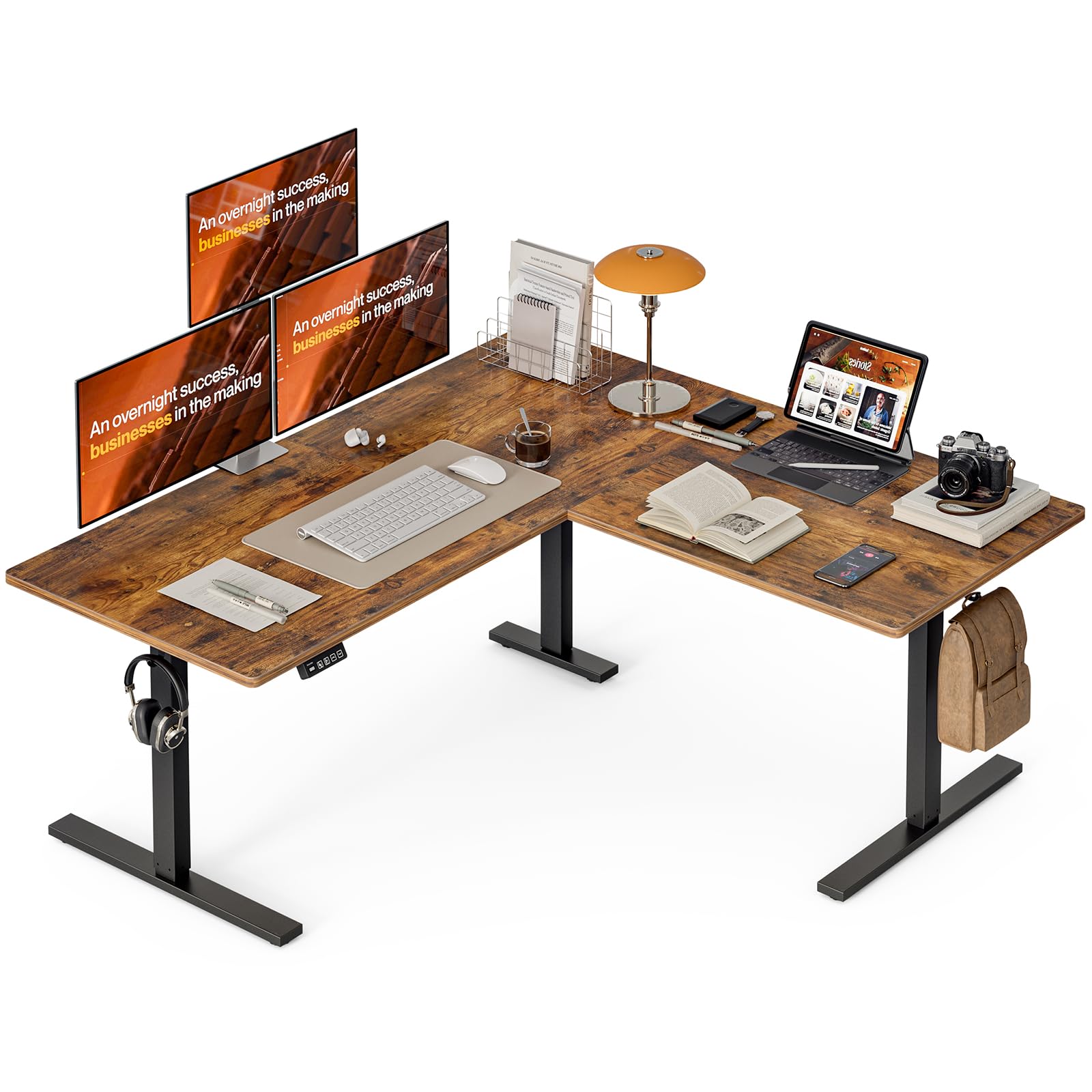 Photo 1 of (multiple boxes) Grandder L Shaped Standing Desk Adjustable Height, Electric Standing Corner Desk, 63 Inch Sit Stand Computer Table with Splice Board, Rustic Brown