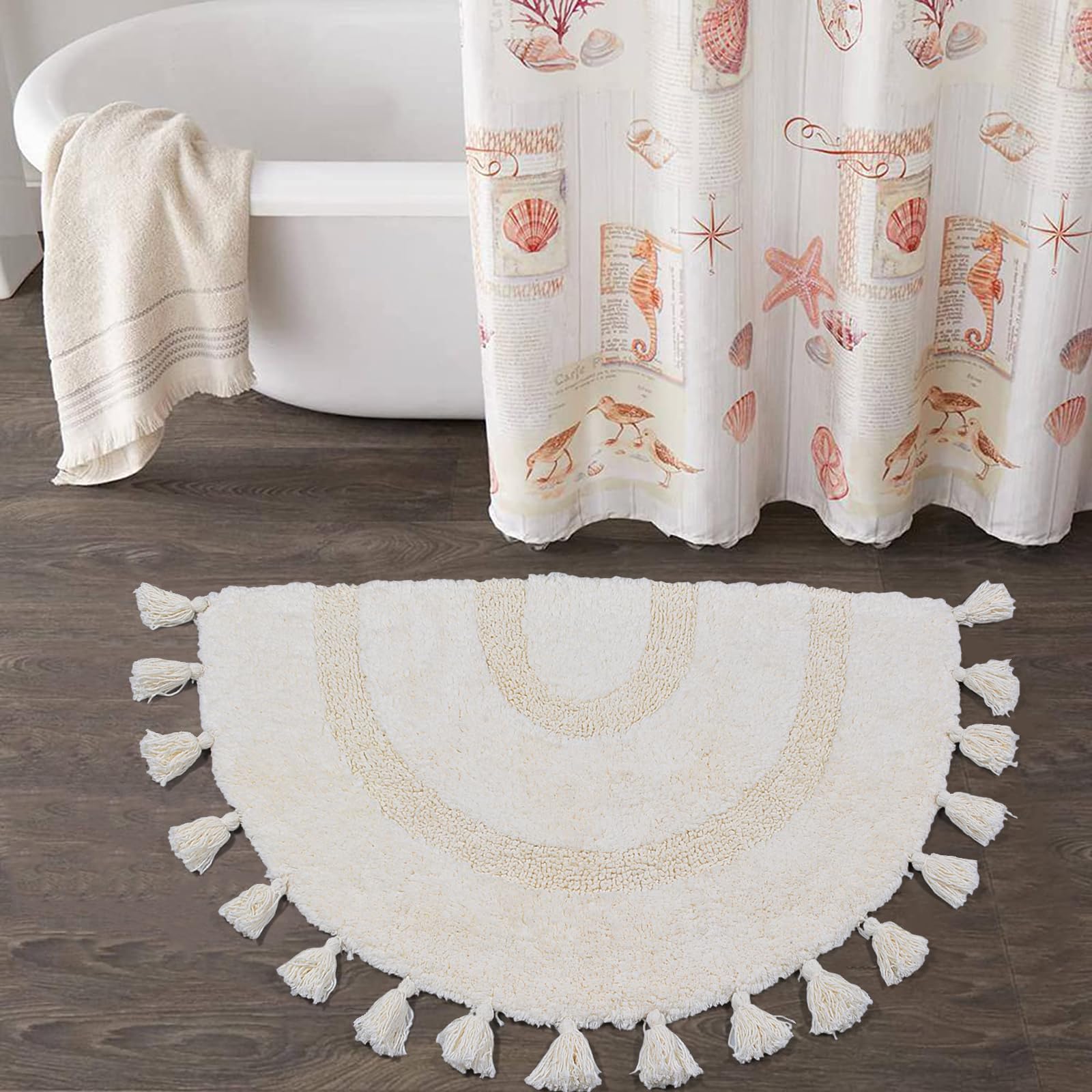 Photo 1 of Schweek Boho Bathroom Rug Half Circle Cotton Bath Mat with Tassels Hand-Woven Bohemian Rugs with Rug Non Slip Pad Washable Bath Rugs for Bathroom, Shower, Tub 20"x32", Half-Circle Cream