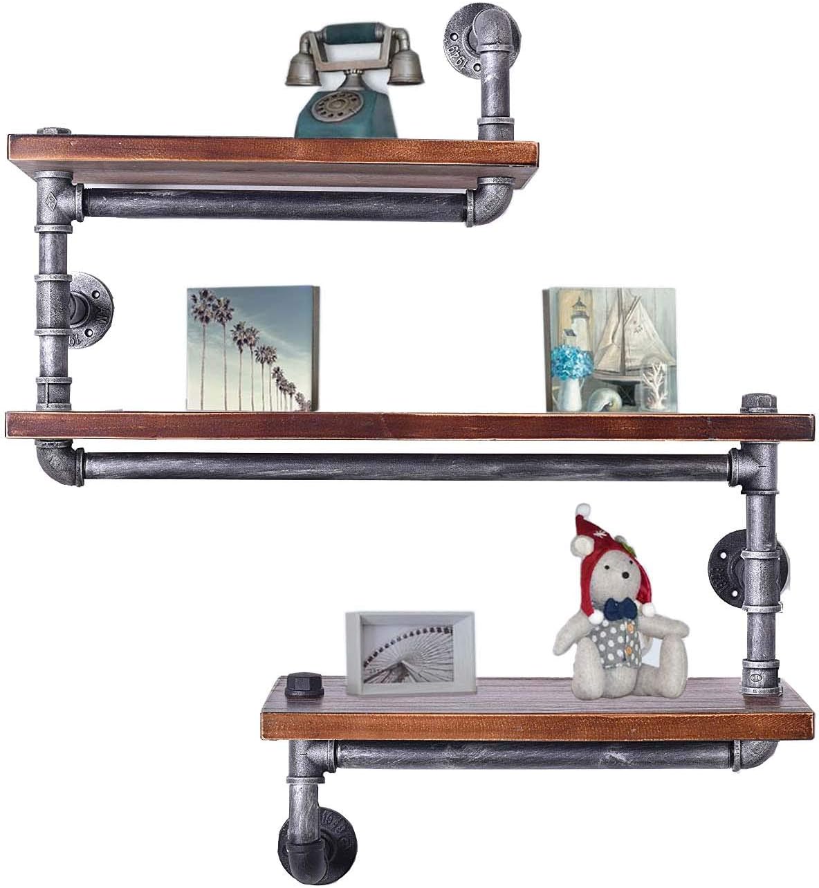 Diwhy Industrial Pipe Shelving Bookshelf Rustic Modern Wood Ladder Pipe Wall Shelf 3 Tiers Wrought IronPipe Design Bookshelf DIY Shelving(Dia 32mm,Weight:30lb) (Black Brush Silver Tube)