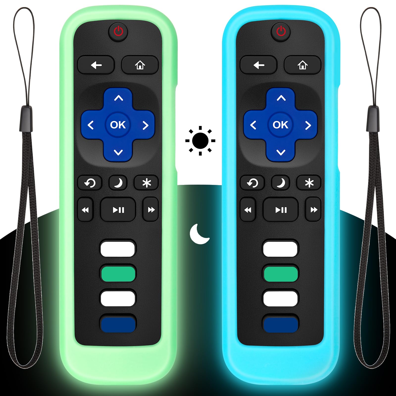 Photo 1 of (2PC) Cover-Case-for-Roku-Remote, Glow-in-The-Dark Silicone Protective Sleeve Skin for Roku TV/Stick/Player Remote (Green/Blue)