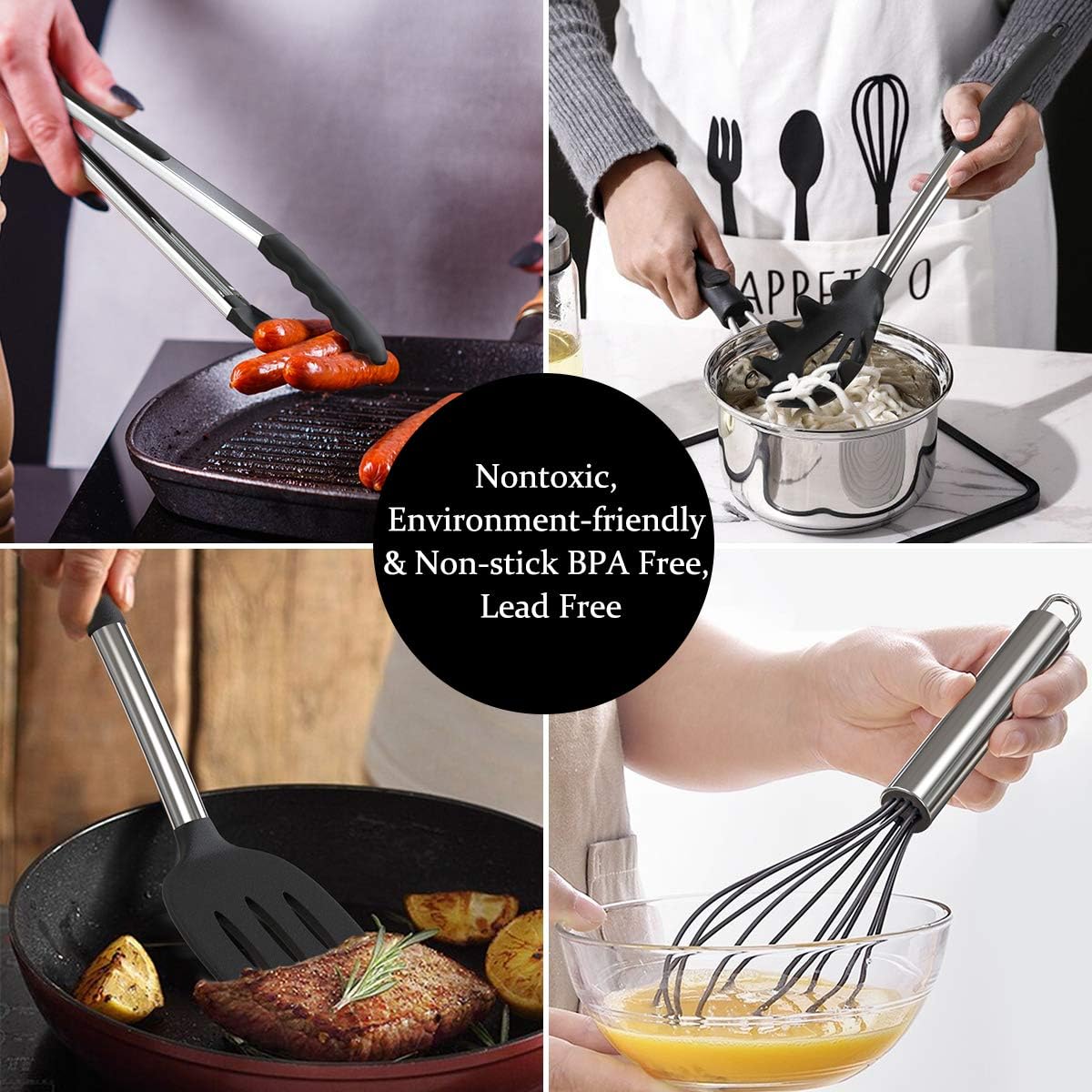 Silicone Cooking Utensil Set, Fungun Non-stick Kitchen Utensil 24 Pcs Cooking Utensils Set, Heat Resistant Cookware, Silicone Kitchen Tools Gift with Stainless Steel Handle (Black-24pcs): Kitchen & Dining