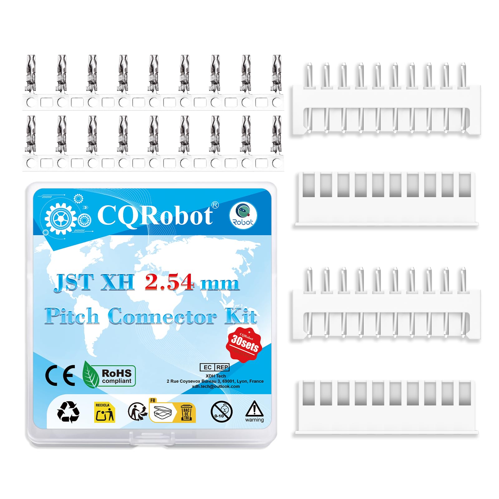 CQRobot JST XH 2.54 mm Pitch 10-Pin Electronic Computer Connector IC Male Plugs, Female Sockets Housing and T-Shaped Crimp Terminal Kit. 30 Sets/360 Pieces Wire-to-Board Adapter Cable Assembly.