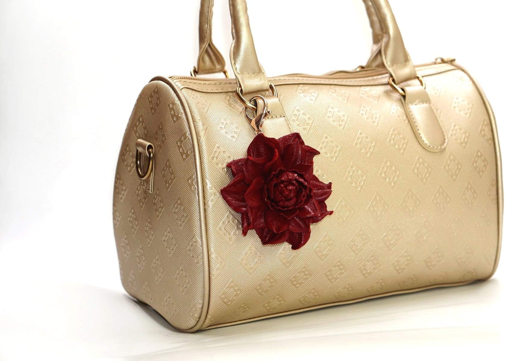 Upcycled Patent Genuine Leather Flower Rose Bag Charm - Deep Red Rose purse leather jewelry