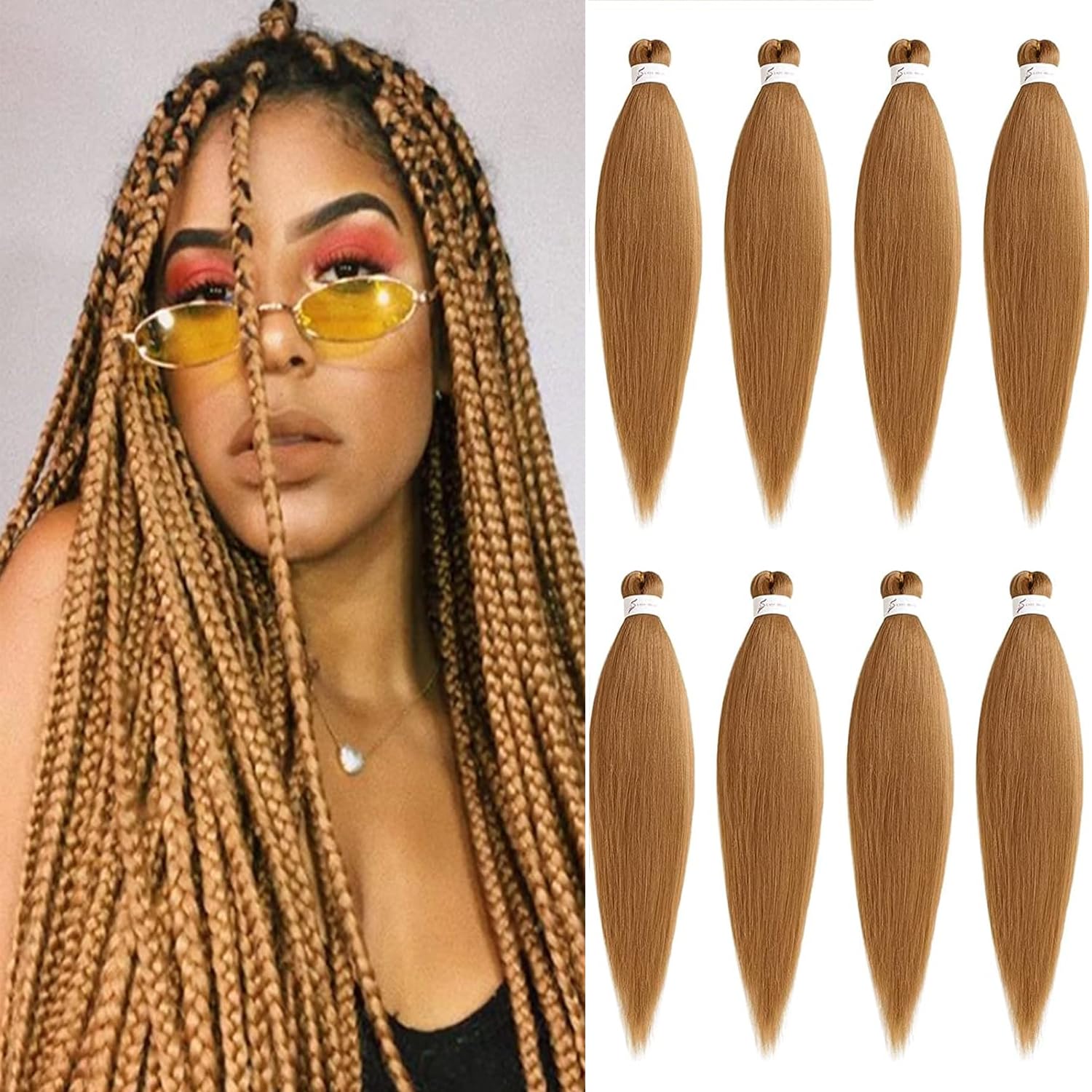 Mscat 20 Inch 8 Packs Pre Stretched Braiding Hair Light Brown Pre Stretched Braiding Professional Synthetic Prestretched Crochet Braids Hair Extension Hot Water Setting Yaki Texture (27#) — image 1