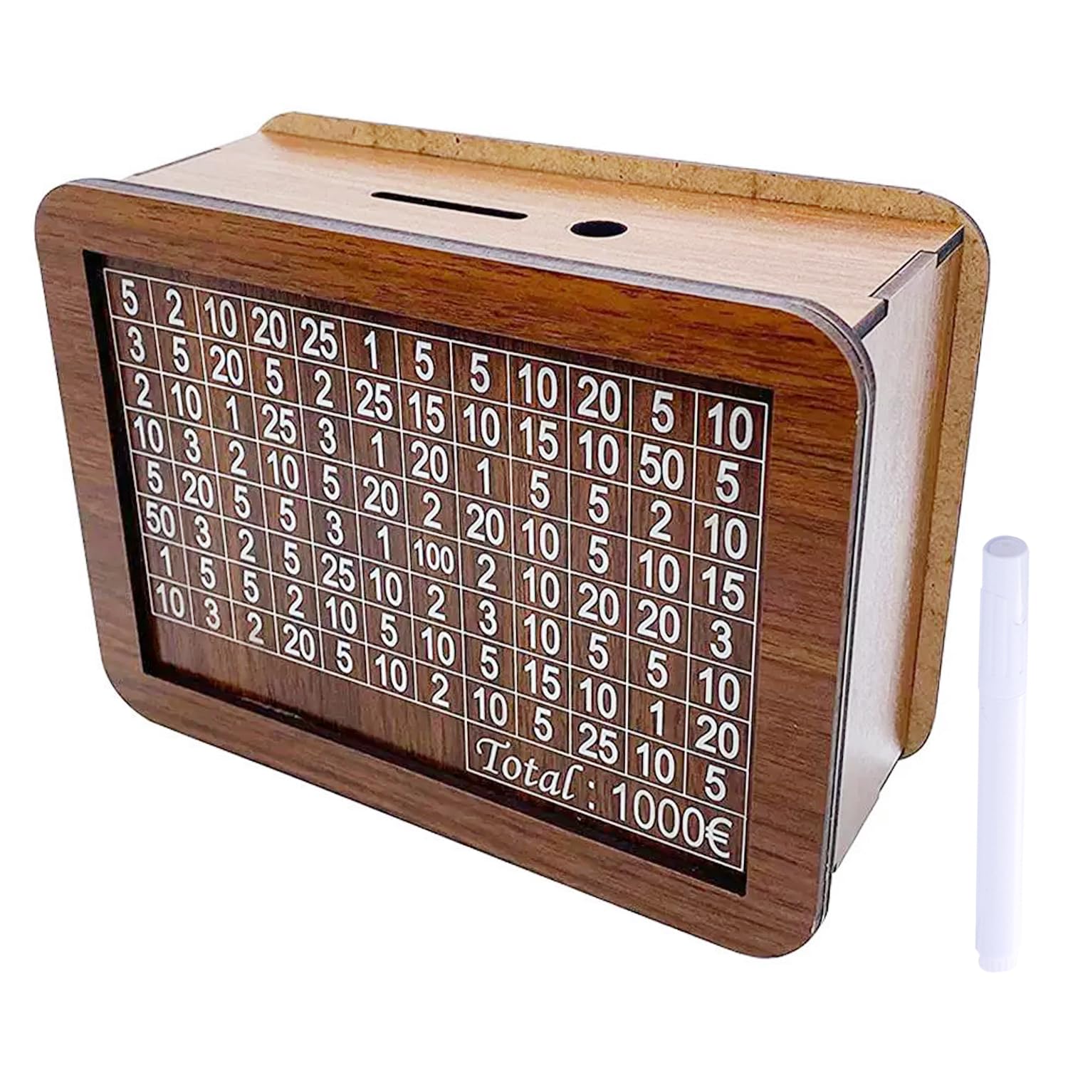 1 Reusable Piggy Bank With 1 White Marker, Storage Box With Savings Goals, Tickable Numbers In The Wooden Piggy Bank, Storage Jar (€1,000)