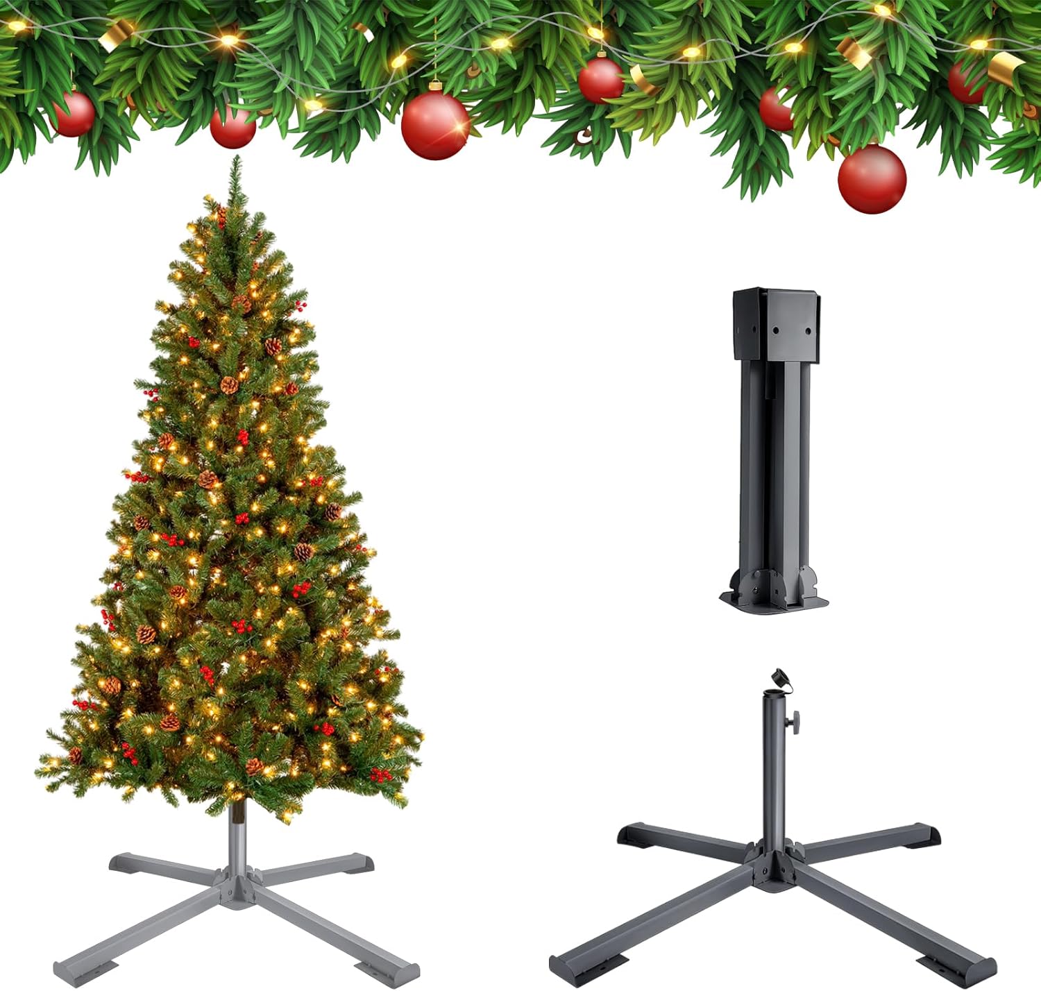 Tree Stands - Christmas Tree Stand for Live Tree, Foldable Christmas Tree Base Metal Holder for 5.5 Ft to 7.5 Ft Artificial Christmas Tree, Fits 1 to 1.41 Inchs Tree Pole, Black.