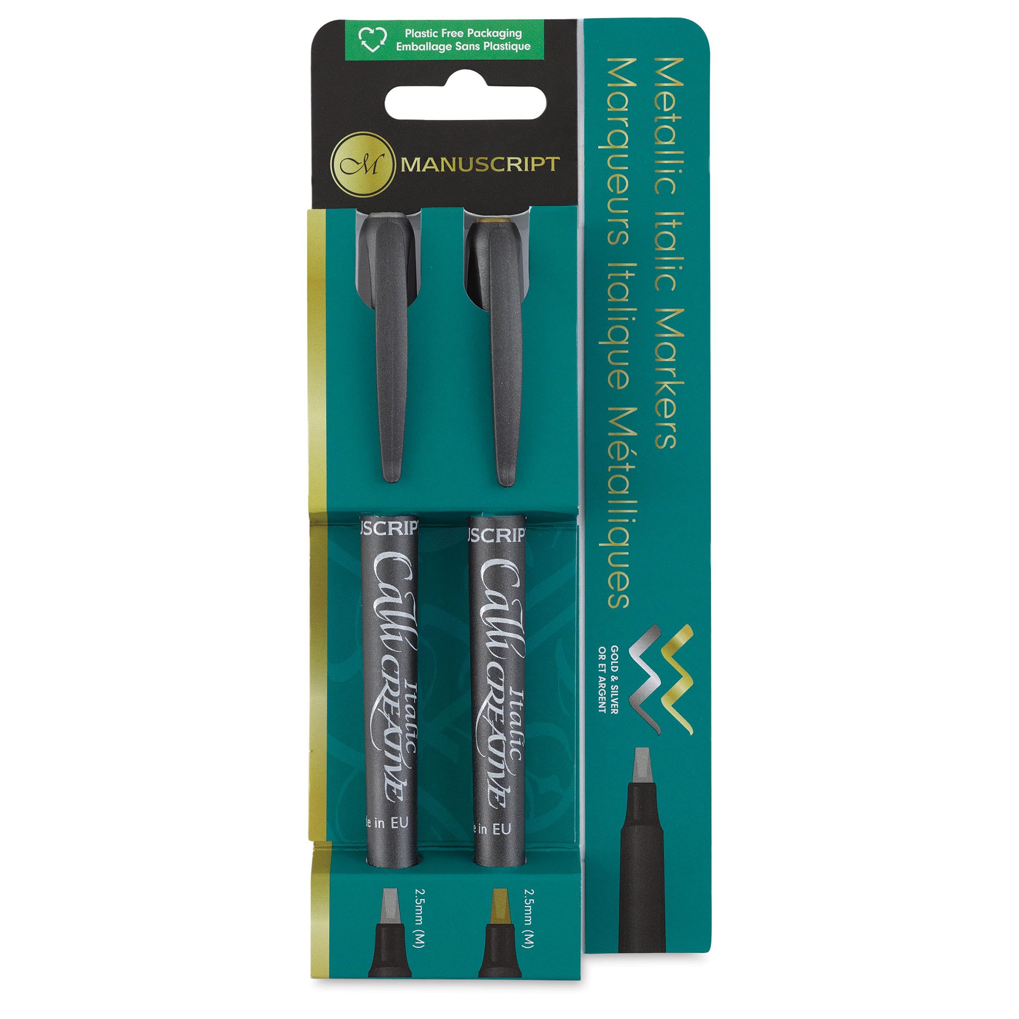 Manuscript 14198 2 Pieces – Callicreative Markers with 2.4mm Italic Chisel nibs, Metallic Gold and Silver – Ideal for Exploring The Art of Hand Lettering