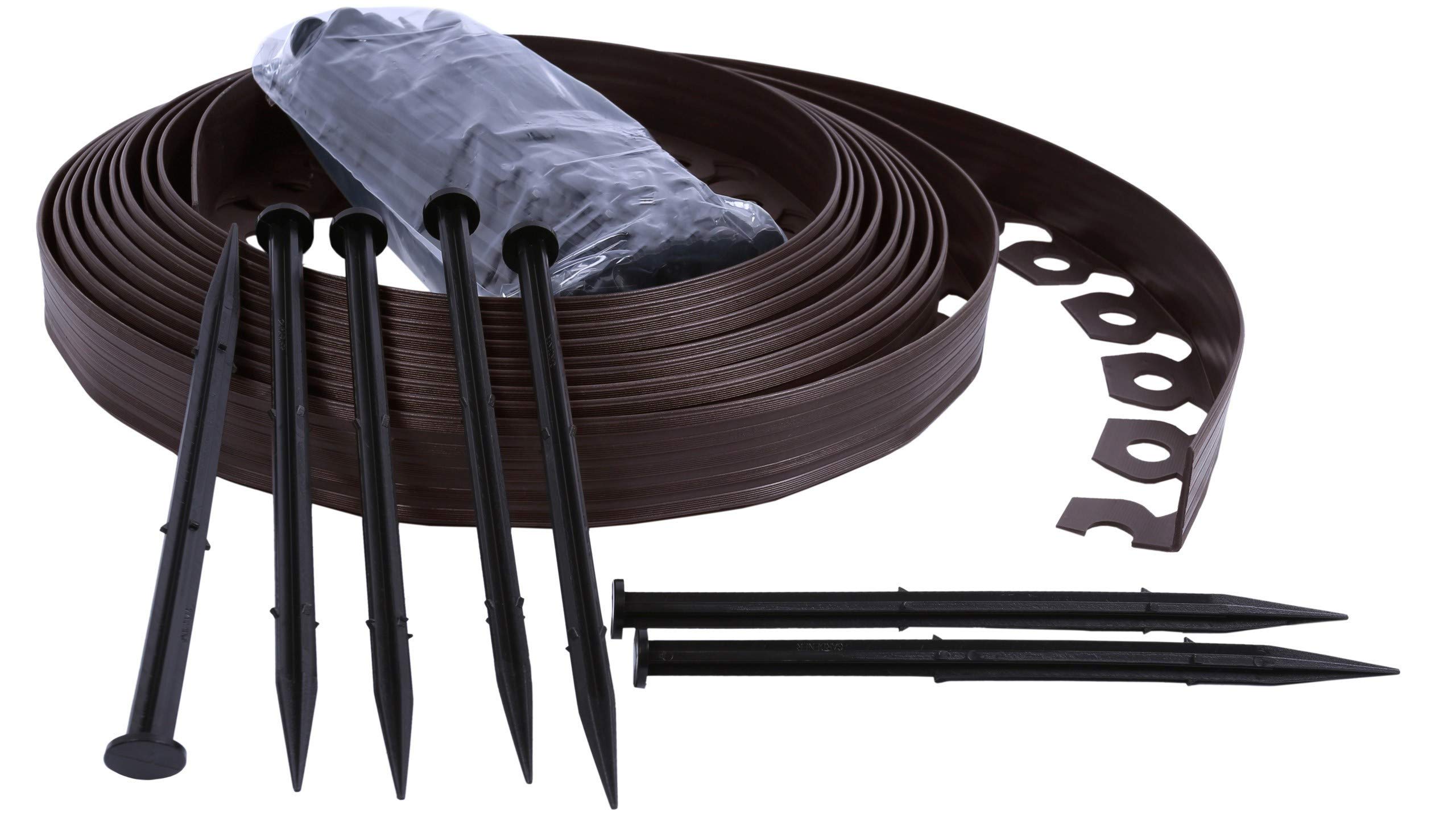 Flexible lawn plastic edging plastic, landscape ideas, 4cm high, with anchors (10m, Brown)