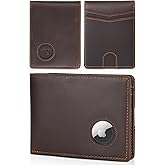 Polare Full Grain Leather Bifold RFID Blocking Wallet with Air Tag Slot, Men's Slim Minimalist Cash Credit Card Front Pocket Wallet with Gift Box