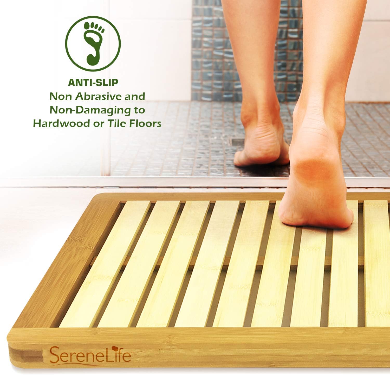 SereneLife Bamboo Wood Bathroom Bath Mat-Heavy Duty Natural or Shower Floor Foot Platform Rug with Elevated Design for Water Evaporation and Non Slip Rubber Feet for Indoor Outdoor Use: Home & Kitchen