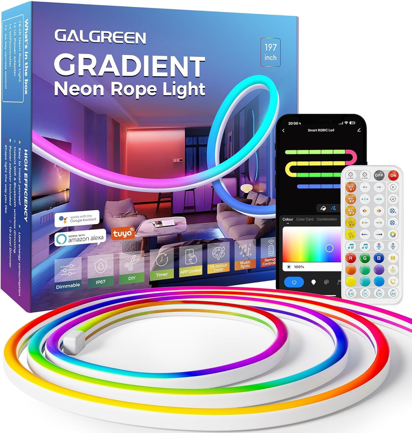 Photo 1 of (SEE NOTES BEFORE BIDDING) Galgreen Smart LED Neon Rope Lights, WiFi Gradient RGB+IC Rope Lights Indoor with Remote, Waterproof Flexible DIY LED Strip Lights for Bedroom, Cuttable, Music Sync, Compatible with Alexa, 16.4ft