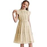 Quedoris Girls Tulle Dress Elastic Neck and Waist Three Layers Ruffle Sleeve Tiered Skirt Party Casual Dress