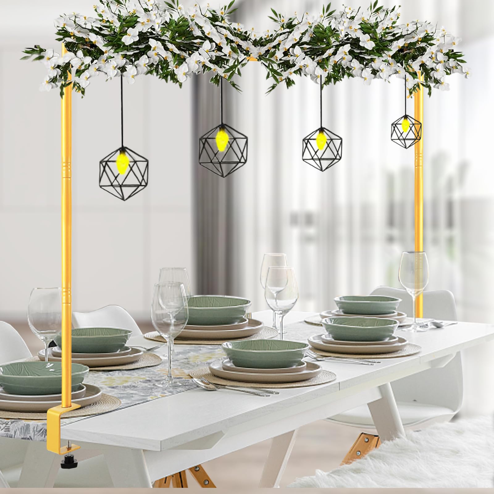 Photo 1 of Over The Table Rod Stand with Clamps Adjustable 31"-110'' Length 31"-64" Height Gold Table Balloon Arch Stand with Storage Bag, For Halloween Christmas Party Wedding Anniversary Decoration